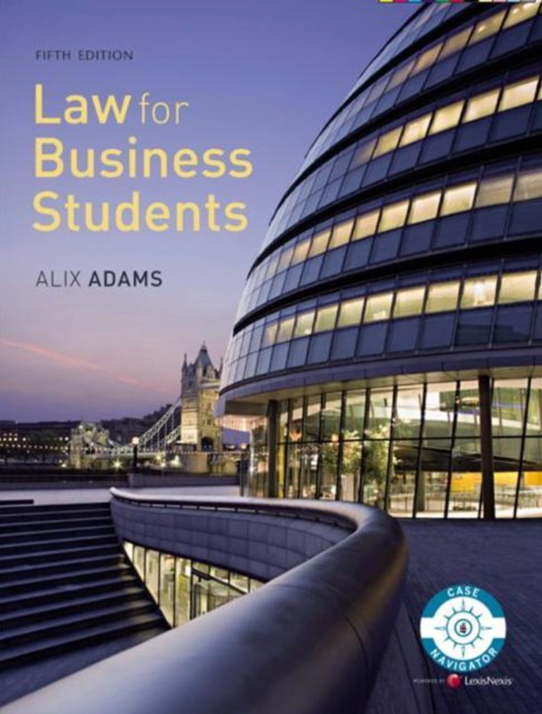 Book cover of 'Law for Business Students' by Alix Adams with a cityscape background