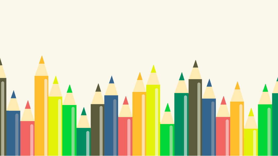 A stylized illustration of colorful pencils arranged along the bottom edge on a warm off-white background.